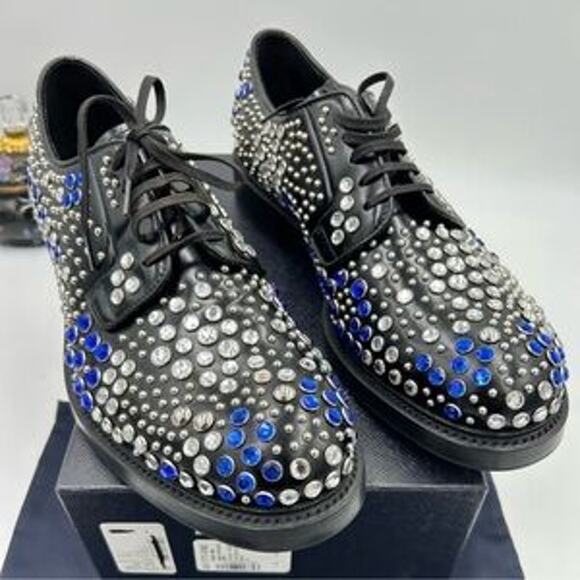 Men's Prada, black leather derby, shoes with studs and rhinestones size 11 I - Picture 1 of 12